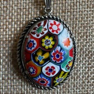 Murano Glass Millefiori Oval Pendant Necklace with Chain